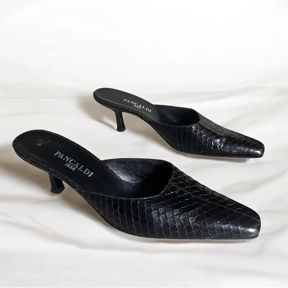 VTG Pancaldi 1888 Snake Skin Black Heels Sz 9.5 B Made In Italy Kitten Heels